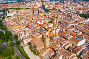 Obraz premium View from drone of residential areas of Spanish city of Logrono and Roman Catholic Church of Santa Maria