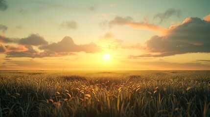 Sunset over green meadow with grass and flowers Nature background.
