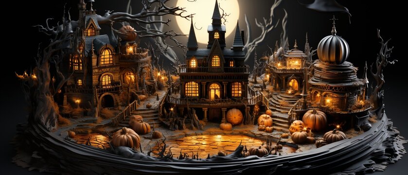 Halloween card with a 3D floating book of spells in the top right corner with 2D pages flipping across the border leaving the entire left side blank for writing creating a magical and open space