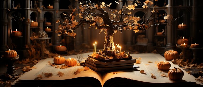 Halloween card with a 3D floating book of spells in the top right corner with 2D pages flipping across the border leaving the entire left side blank for writing creating a magical and open space
