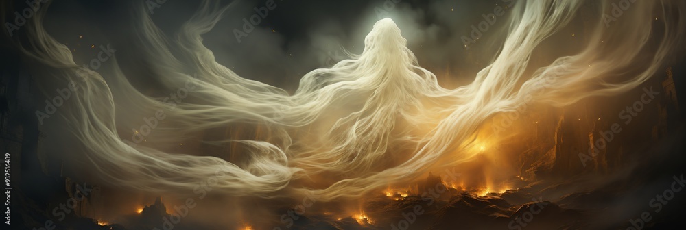 Poster halloween card with a 3d ghost floating in the bottom left corner and 2d swirling mist around the ed