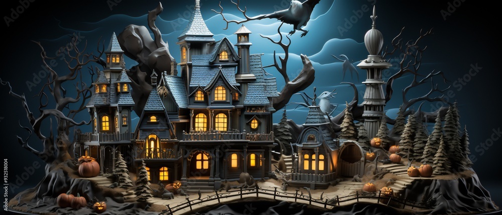 Poster halloween card with a 3d haunted castle floating on a dark cloud with 2d lightning crackling around 