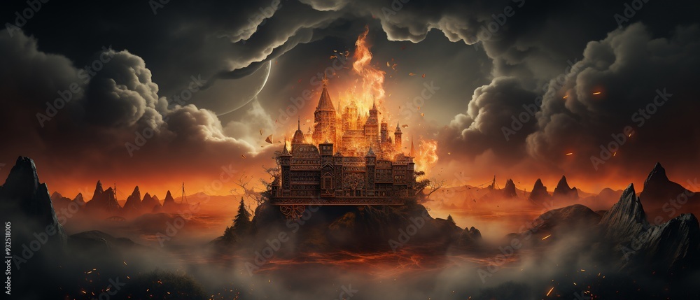 Poster halloween card with a 3d haunted castle floating on a dark cloud with 2d lightning crackling around 
