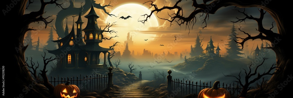 Poster halloween card with a 3d jackolantern spaceship landing on a ghostly moon with 2d craters forming a 