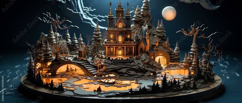 Poster halloween card with a 3d haunted castle floating on a dark cloud with 2d lightning crackling around 