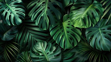 closeup nature view of green leaf and palms background. Flat lay, dark nature concept, tropical leaf, ai