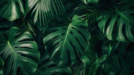Fototapeta premium closeup nature view of green leaf and palms background. Flat lay, dark nature concept, tropical leaf, ai