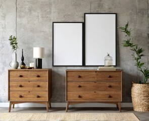 mock-up poster frame on vintage chest of drawers interior