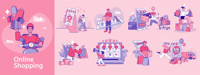 Online shopping and retail sale set. The process of a customer buying on promotion, paying with a credit card, and receiving fast courier delivery. Vector infographic kit for an e-commerce store.