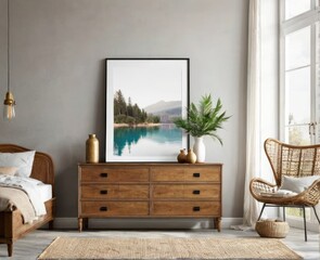mock-up poster frame on vintage chest of drawers interior