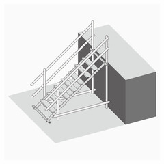 Isometric and 3D view of access ladder installation on the building.