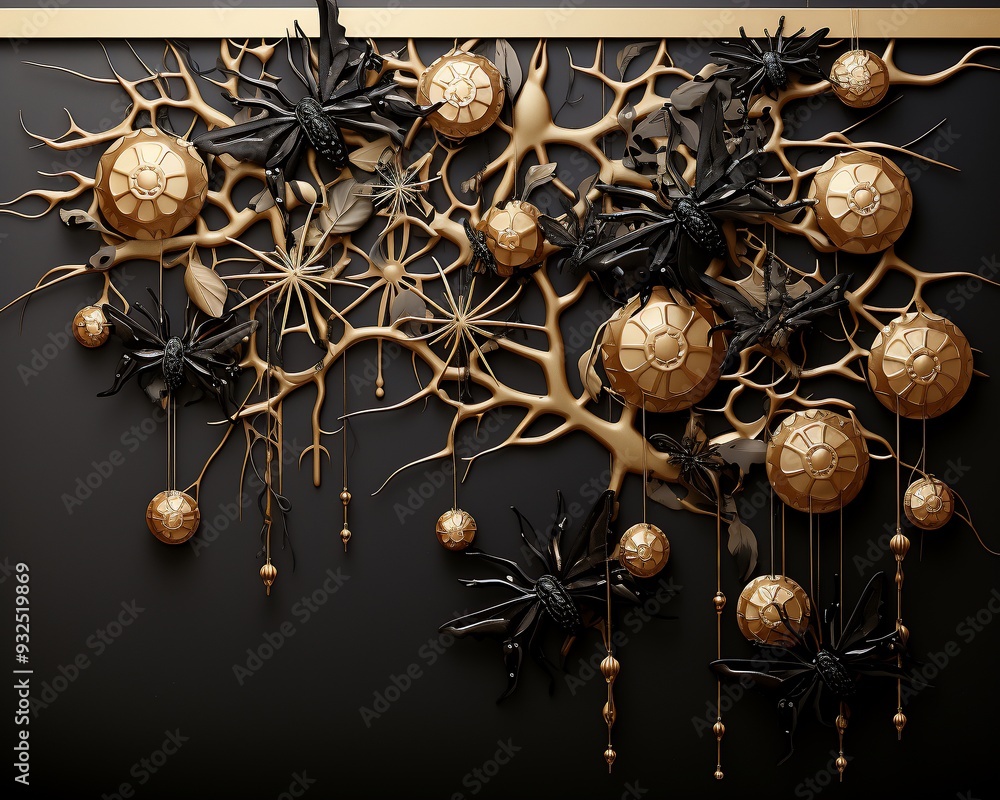 Poster halloween card with a 3d spider hanging from the top right corner with 2d webs stretching across the