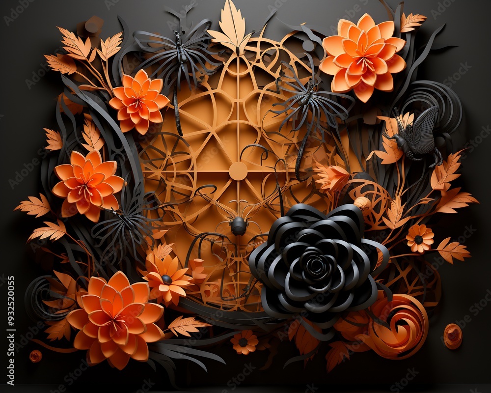 Poster halloween card with a 3d spider hanging from the top right corner with 2d webs stretching across the