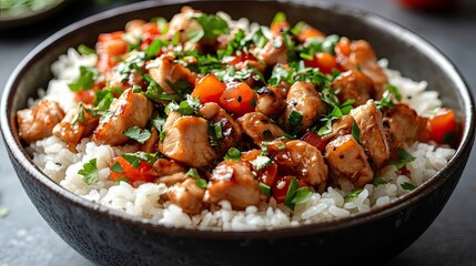 Teriyaki Chicken with Rice and Vegetables in a Black Bowl