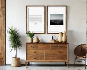 mock-up poster frame on vintage chest of drawers interior