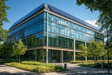 Fototapeta premium Modern Glass Office Building with Solar Panels and Landscaping