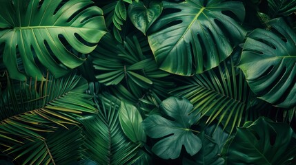 closeup nature view of green leaf and palms background. Flat lay, dark nature concept, tropical leaf, ai
