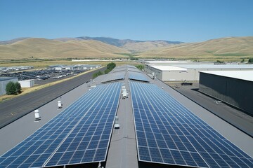 Aerial View of Solar Panels on a Building with Mountains in the Distance
