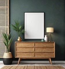 mock-up poster frame on vintage chest of drawers interior