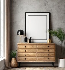 mock-up poster frame on vintage chest of drawers interior