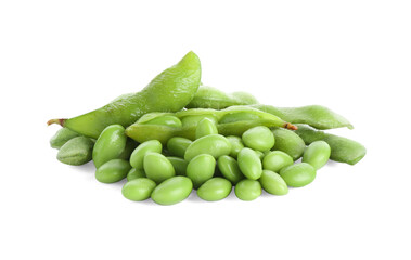 Raw green edamame soybeans and pods isolated on white