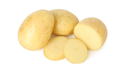Fresh whole and cut potatoes isolated on white