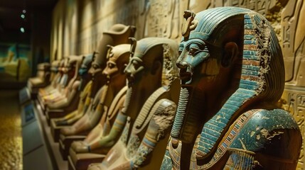 Fototapeta premium Row of Ancient Egyptian Statues with Hieroglyphics