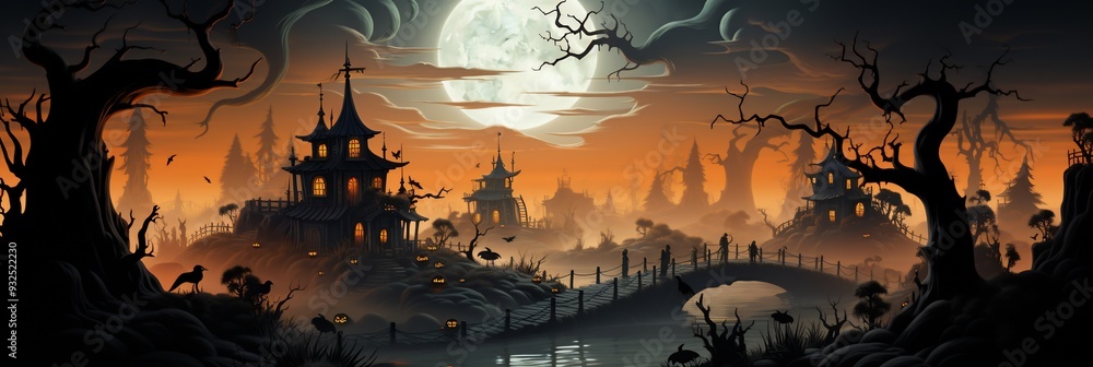 Poster halloween card floating island sky where 3d pumpkinheaded scarecrow guard bridge of 2d mist along to