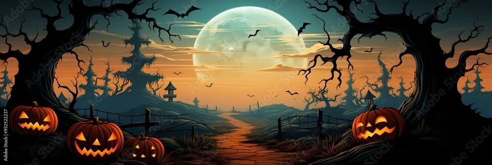 Poster halloween card floating island sky where 3d pumpkinheaded scarecrow guard bridge of 2d mist along to