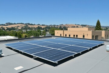 Solar Panels on a Flat Roof with a Background of Hills