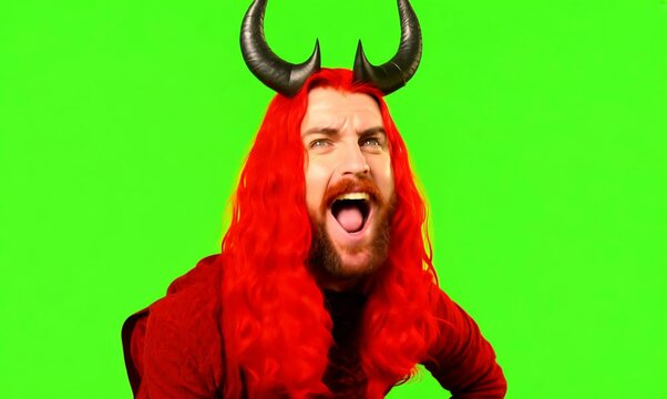 Chroma Green Screen Close-Up of Playful Devil Character