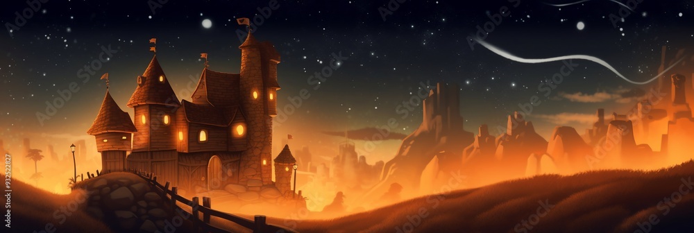 Poster halloween card haunted observatory where 3d telescope point sky filled 2d glowing constellation shap