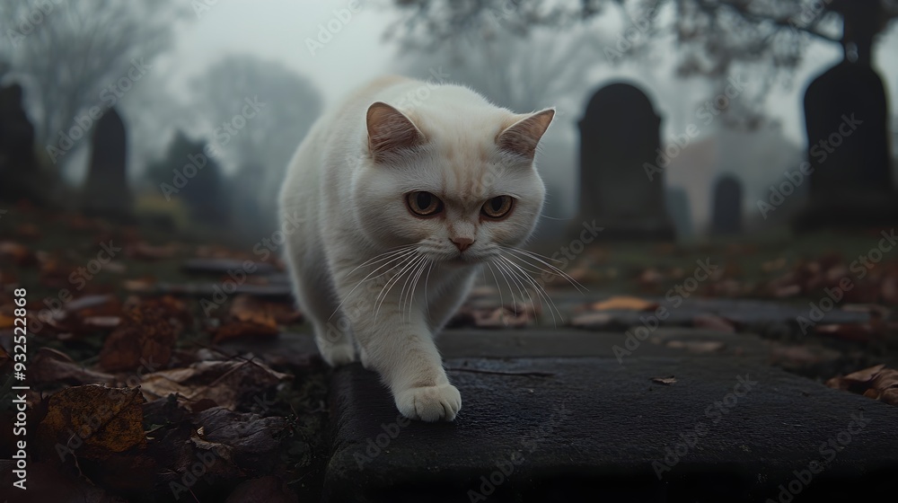 Poster ghostly scottish fold cat with soft white fur blending seamlessly into the mysterious fog and mist o