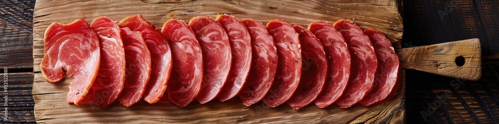 Sticker Sliced deli meat on a wooden chopping board