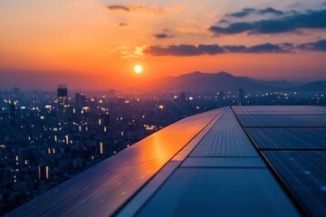 Obraz premium Solar Panels Reflecting Sunset Over Cityscape