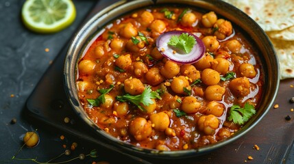 Bowl of Chickpea Curry with Red Onion and Cilantro Garnish