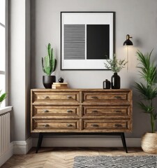 mock-up poster frame on vintage chest of drawers interior