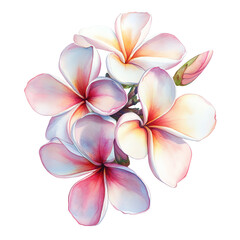 Beautiful plumeria flowers with pink and white petals in full bloom, isolated on white background, showcasing their delicate charm.