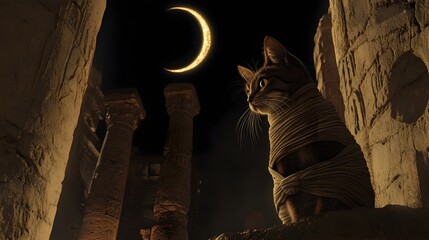 Mummified Abyssinian Cat Sneaking Through Mysterious Ancient Ruins and Tombs Under the Light of a Crescent Moon on Halloween Night Seeking Adventure and Treasure