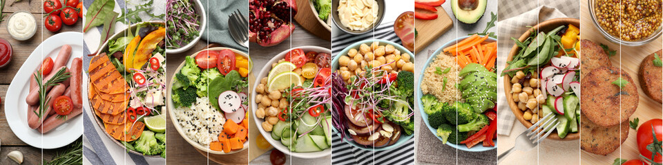 Assortment of vegetarian foods, collage. Banner design