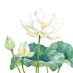 Beautiful watercolor illustration of a blooming white lotus flower with green leaves and buds, symbolizing purity and serenity.