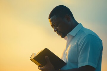 A man reading a bible against a sunset background.