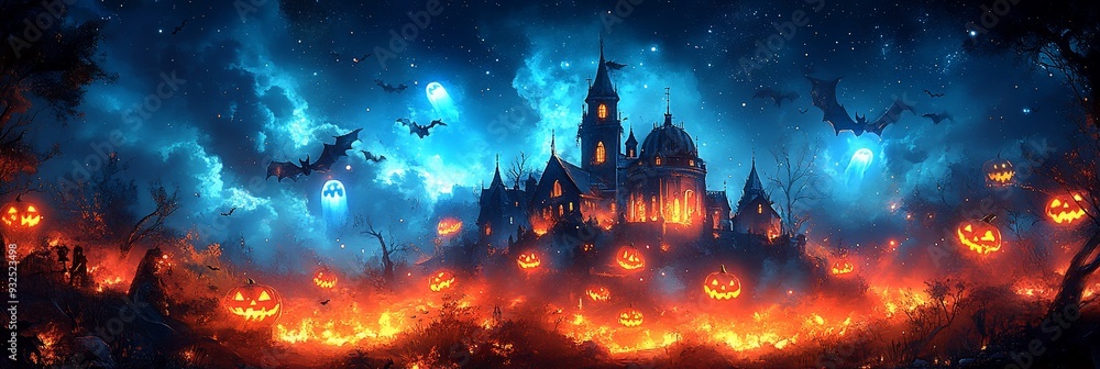 Poster halloween card haunted observatory distant moon where 3d telescope point sky filled 2d glowing const