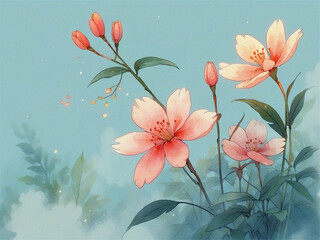 floral background, cute and detailed light pink flowers with watercolor rainbow color splashes dreamy background	