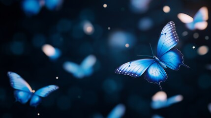 A magical display of vibrant blue butterflies dancing in the air amidst a soft, dreamy background filled with light.