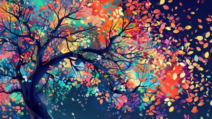 Abstract art with a black tree and colorful leaves, depicting an autumn scene.