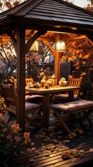 Fototapeta premium Gazebo for barbecue, pavilion and BBQ Oven in the autumn garden 