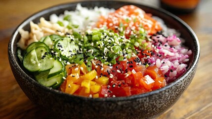 Colorful Hawaiian Poke Bowl with Rice, Cucumber, and Sesame Seeds