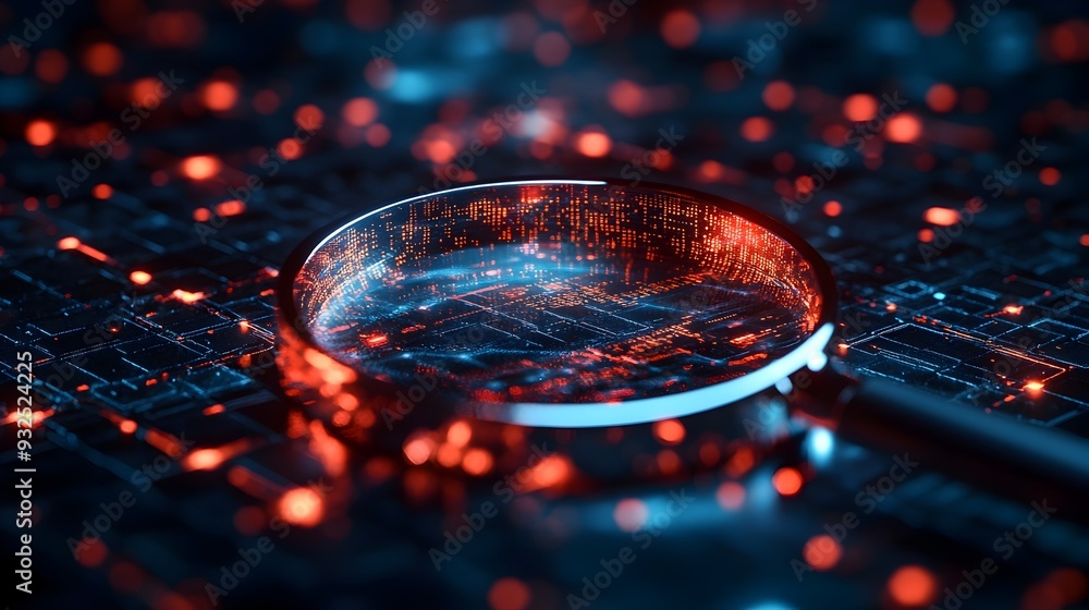 Poster 3d magnifying glass hovering over a digital network revealing hidden data