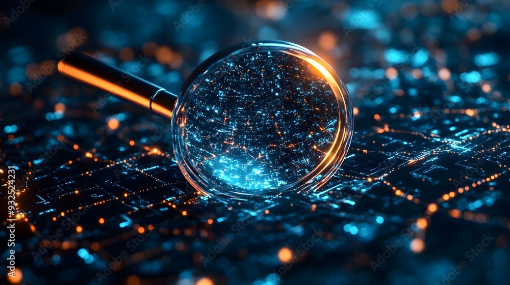 Aufkleber 3d magnifying glass hovering over digital network revealing hidden data